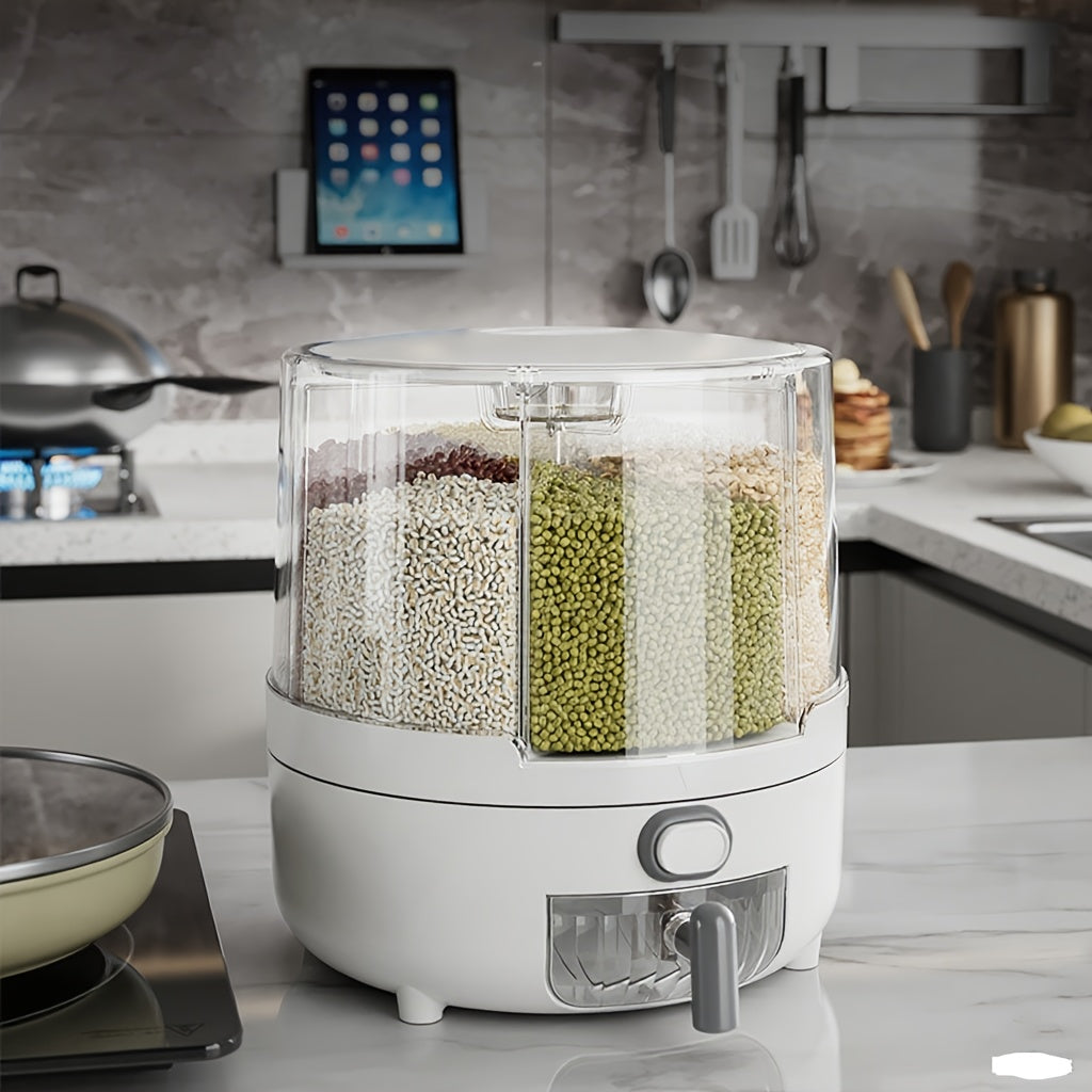 Dispensador de granos giratorio, sellado para cocina, a prueba de insectos y humedad, contenedor de almacenamiento de cereales enteros, cubo de arroz doméstico con seis compartimentos grado alimenticio