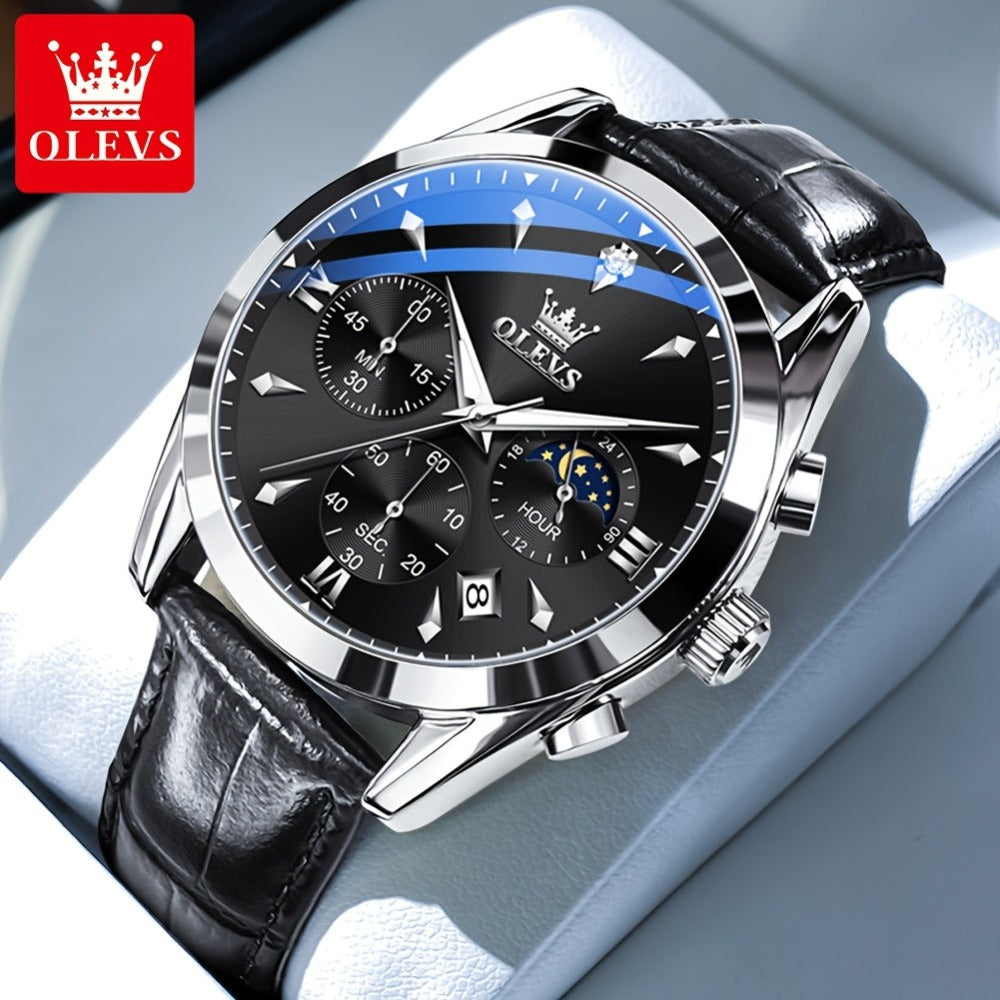 OLEVS Reloj para Hombre Clásico Cronógrafo Cuero Marrón Caja Dorada Analógico Cuarzo Moda Negocios Vestir Cara Grande Reloj de Hombre Día Fecha Luminoso Casual Reloj de Pulsera Masculino Regalos Románticos Relojes De Hombre Azul/Negro/Blanco/Marrón Esfera