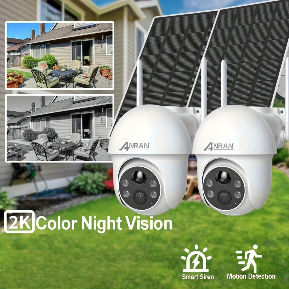 2 Piezas Cámara de Seguridad Solar Exterior ANRAN 3MP Inalámbrica, Cobertura PTZ Rotativa 355°, Alertas PIR, Alimentada por Batería, Audio Bidireccional, Visión Nocturna en Color, Compatible con Alexa