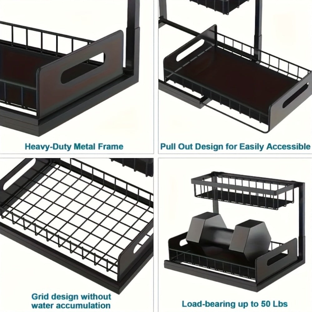 Organizador de Doble Capa para Debajo del Fregadero - Estante de Almacenamiento Extraíble de Plástico Resistente, Diseño Impermeable y Antioxidante que Ahorra Espacio, Adecuado para Cocina, Baño, Despensa, Lavandería - Fácil de Instalar