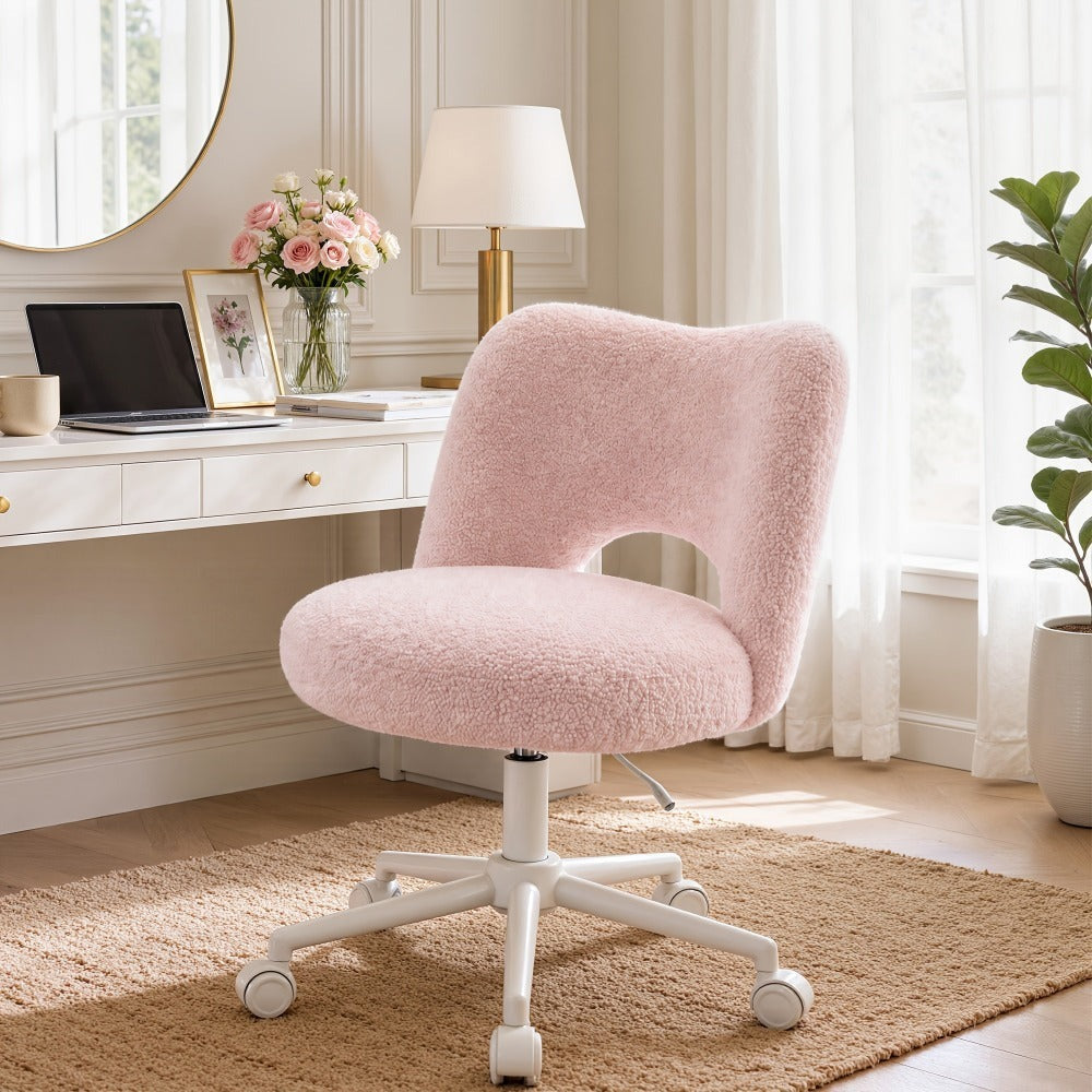 Klyvvo Silla de Escritorio con Ruedas, Silla de Maquillaje con Tejido Teddy Transpirable, Altura Ajustable, Ideal para Oficina, Hogar, Regalo Familiar, Soporta Hasta 150 Kg, Disponible en Rosa, Blanco y Gris