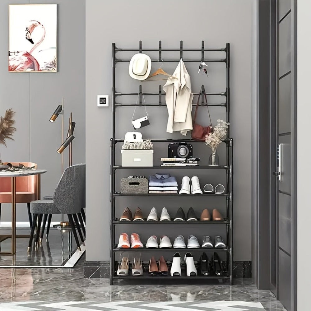 Organizador de Zapatos - Perchero Ahorrador de Espacio, Estante de 5 Niveles con 8 Ganchos, Estructura Robusta de Metal Dorado/Plástico, Diseño Independiente o Montado en Pared para Hogar, Oficina y Tienda - Ideal para Almacenar Zapatos, Abrigos, Sombrero