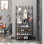 Organizador de Zapatos - Perchero Ahorrador de Espacio, Estante de 5 Niveles con 8 Ganchos, Estructura Robusta de Metal Dorado/Plástico, Diseño Independiente o Montado en Pared para Hogar, Oficina y Tienda - Ideal para Almacenar Zapatos, Abrigos, Sombrero