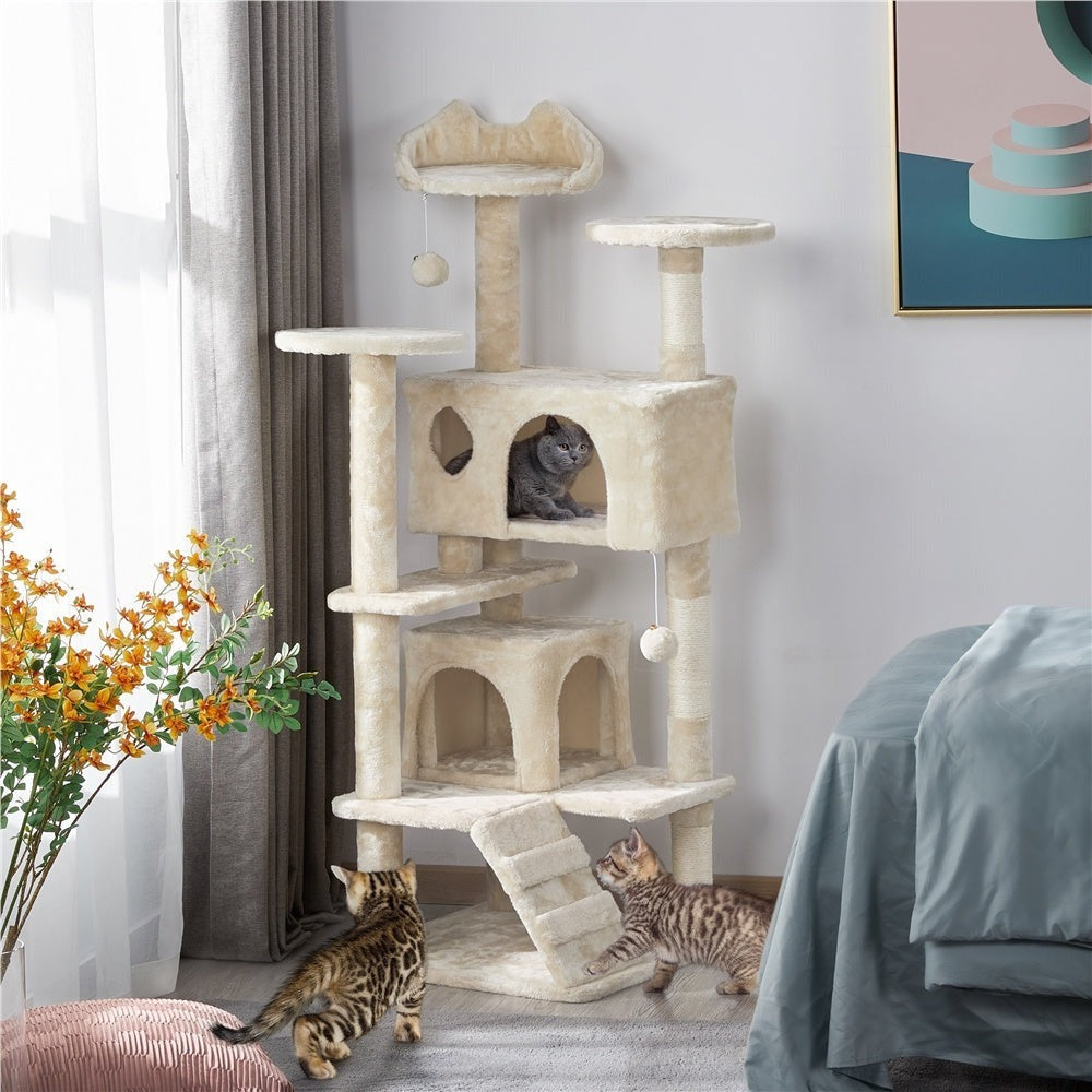 Costoffs Poste para Rascar de Gatos de 138 cm, Árbol Resistente con Pelota de Juego y Cueva para Gatos, Torre de Rascado y Escalada para Gatos, Casa para Gatos