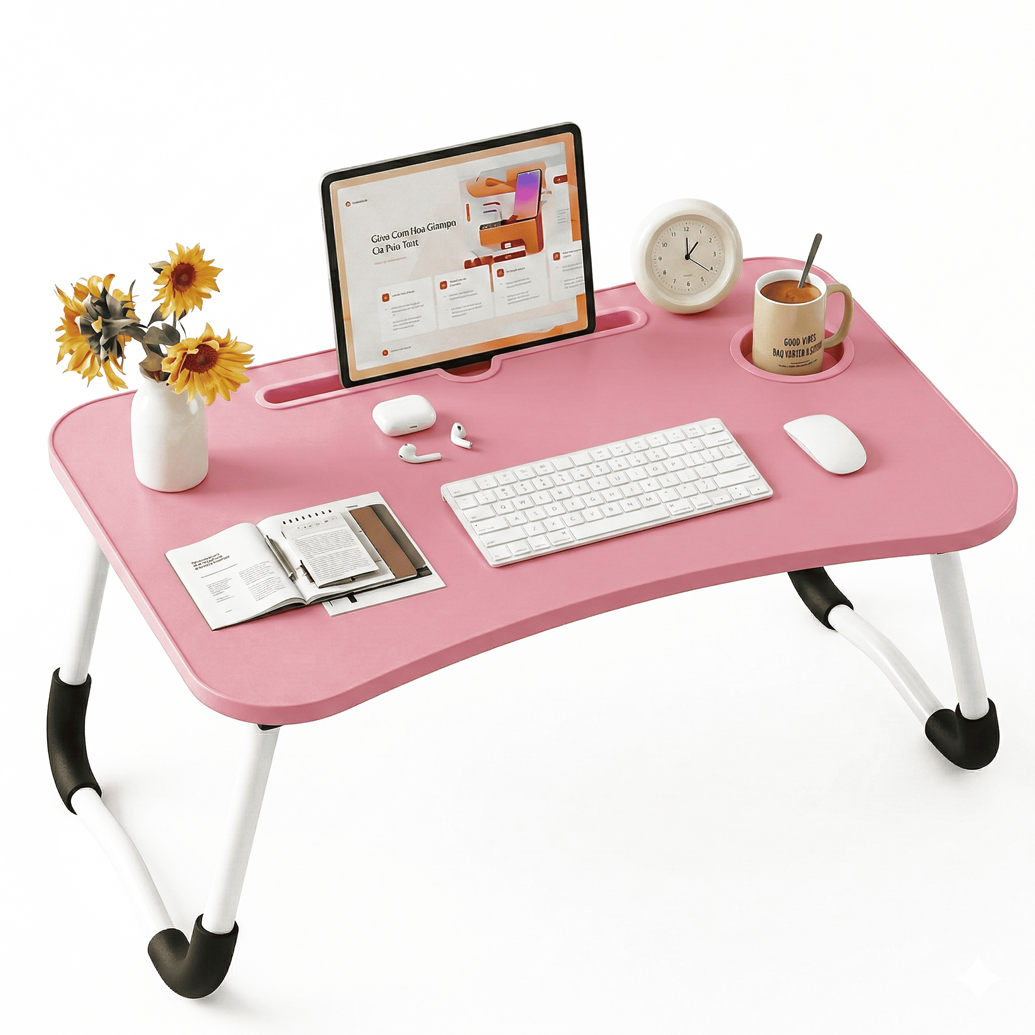 Mesa plegable multifunción para cama y sofá con portavasos, 60×40×28 cm, mesa auxiliar con atril para leer en la cama, bandeja multifunción para ordenador, libros, trabajo y estudio en casa (con cajón / sin cajón)