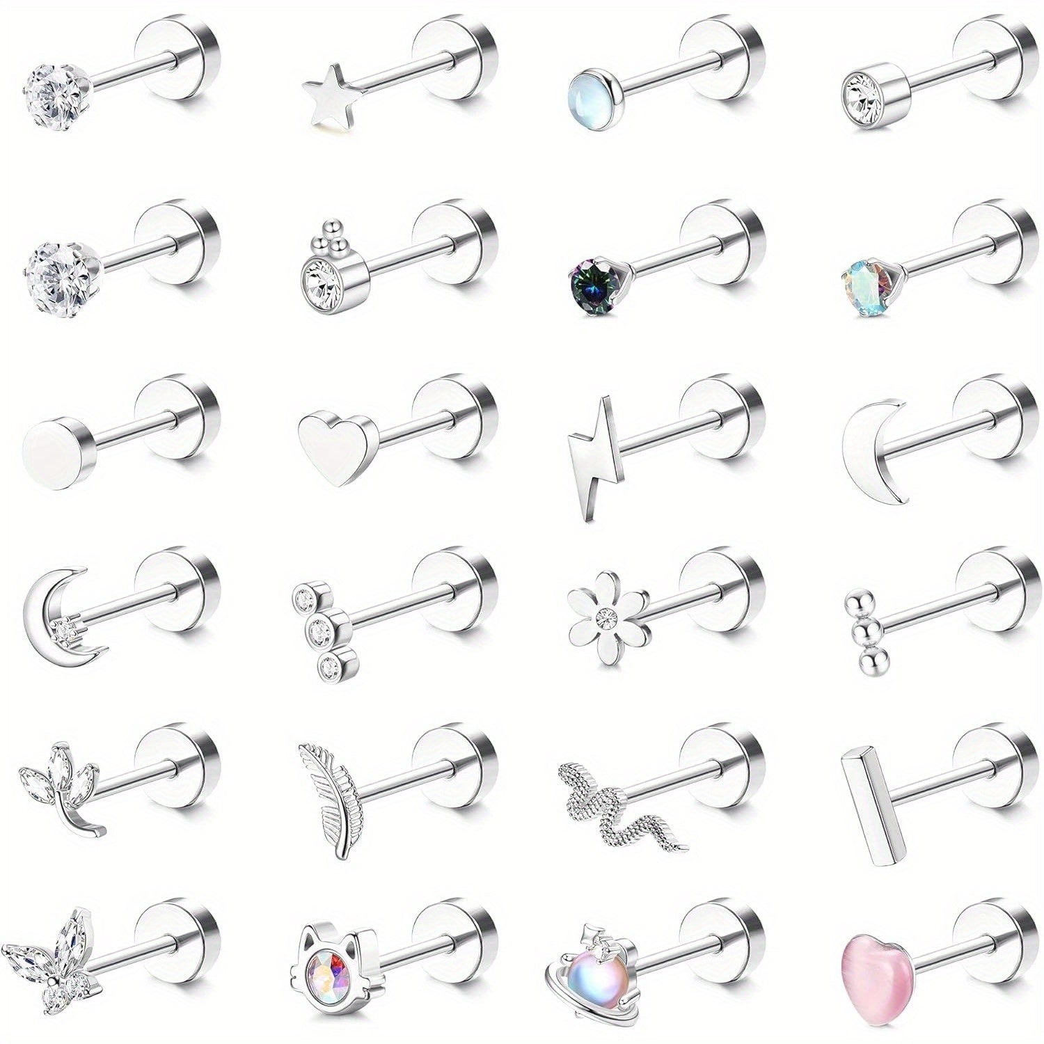 2D Plano - 24pcs Pendientes de Cartílago para Mujer Hombre 20G Acero quirúrgico Plano Dorso Pendientes de Plata CZ para helix Concha Pendientes Pequeños de Dorso Plano Hipoalergénicos