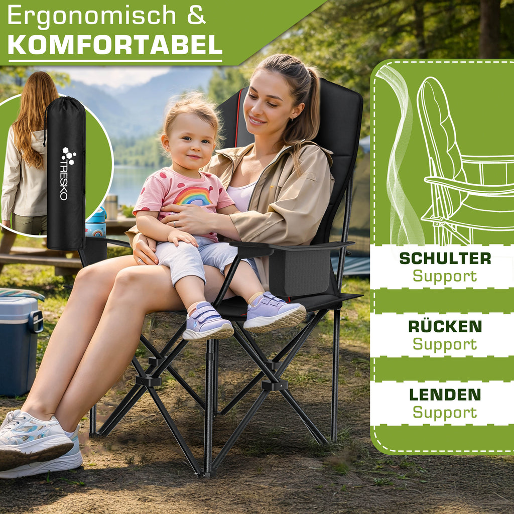 TRESKO® Silla de Camping Plegable hasta 200Kg | Silla Plegable con Bolsa Nevera, Portavasos y Bolsillo Lateral | Silla XXL Plegable Incluye Bolsa de Transporte | Silla de Pesca Acolchada para Exterior, Pesca, Festival y Jardín
