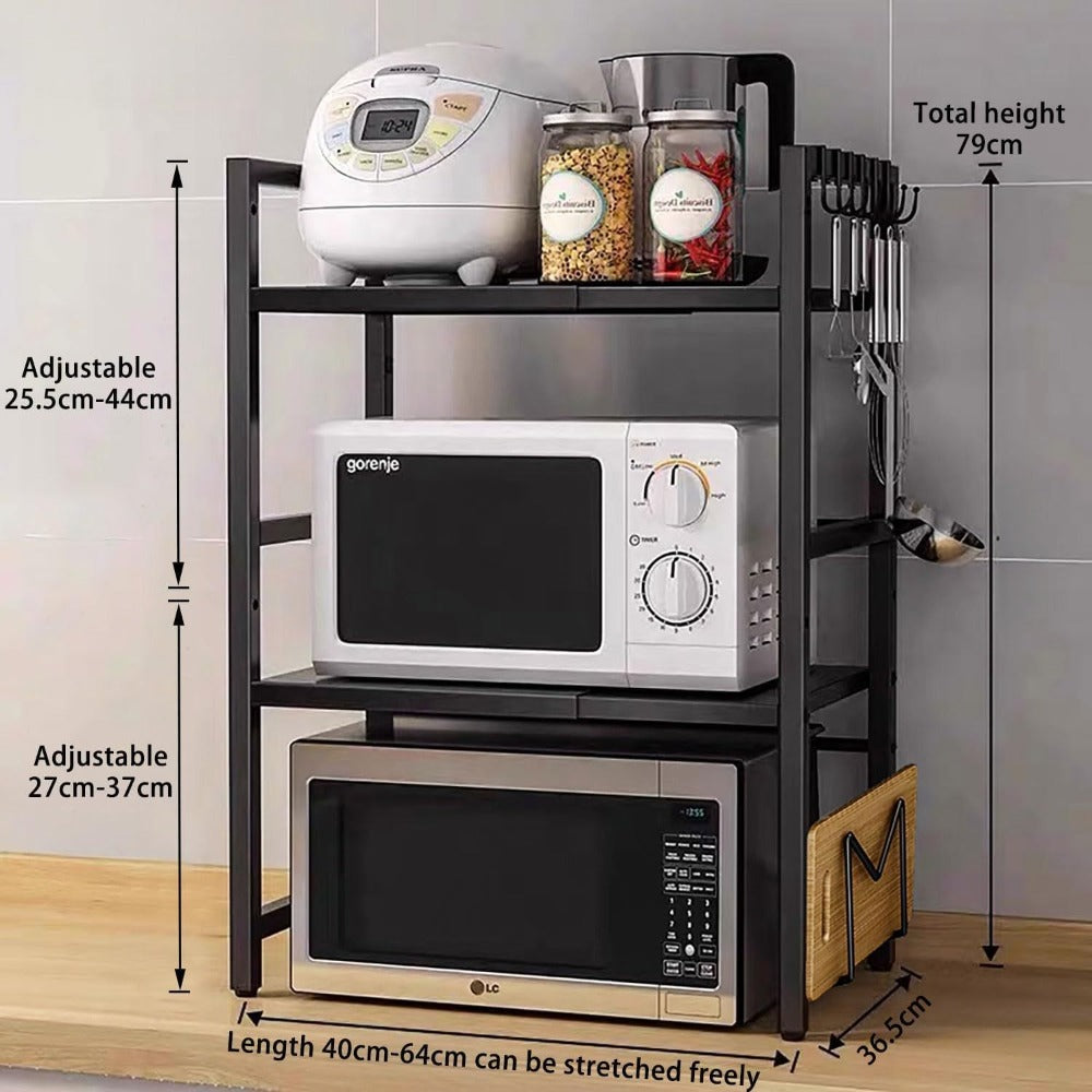 Estante de microondas expandible de 3 niveles, con 4 ganchos, ancho y altura ajustables, organizador de encimera de cocina, estantes de almacenamiento para ollas, sartenes y parrillas, ancho 40-64cm, negro, estante de pie