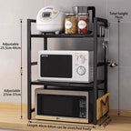 Estante de microondas expandible de 3 niveles, con 4 ganchos, ancho y altura ajustables, organizador de encimera de cocina, estantes de almacenamiento para ollas, sartenes y parrillas, ancho 40-64cm, negro, estante de pie