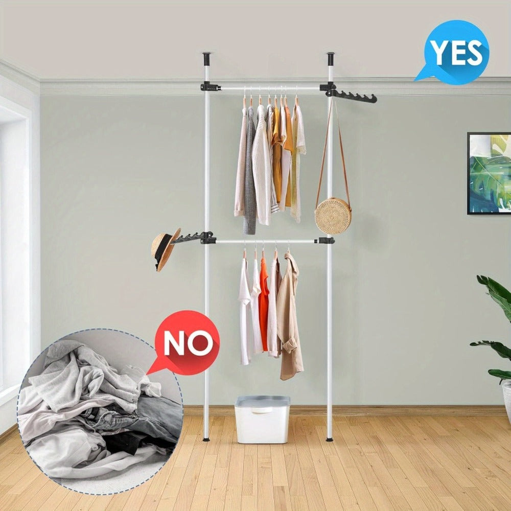Sistema de armario telescópico con 2 barras para ropa, sistema de almacenamiento de ropa, sistema de estantes, perchero, sistema de estantes de pared planos sin taladrar