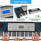 Teclado electrónico de 61 teclas diseñado para principiantes, con piano digital de 500 tonos y un modo de enseñanza de tres niveles. Incluye soporte de piano, taburete, pantalla LCD y atril.