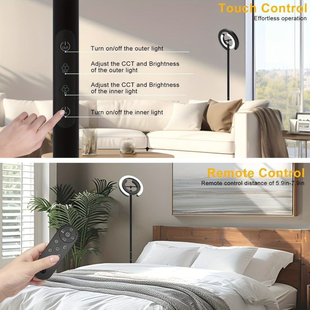 Lámpara de Pie para Sala de Estar, 1.9m de Altura para Dormitorio con 2 Anillos de Luz Giratorios de 312°, 36W Brillante y Regulable sin Escalones