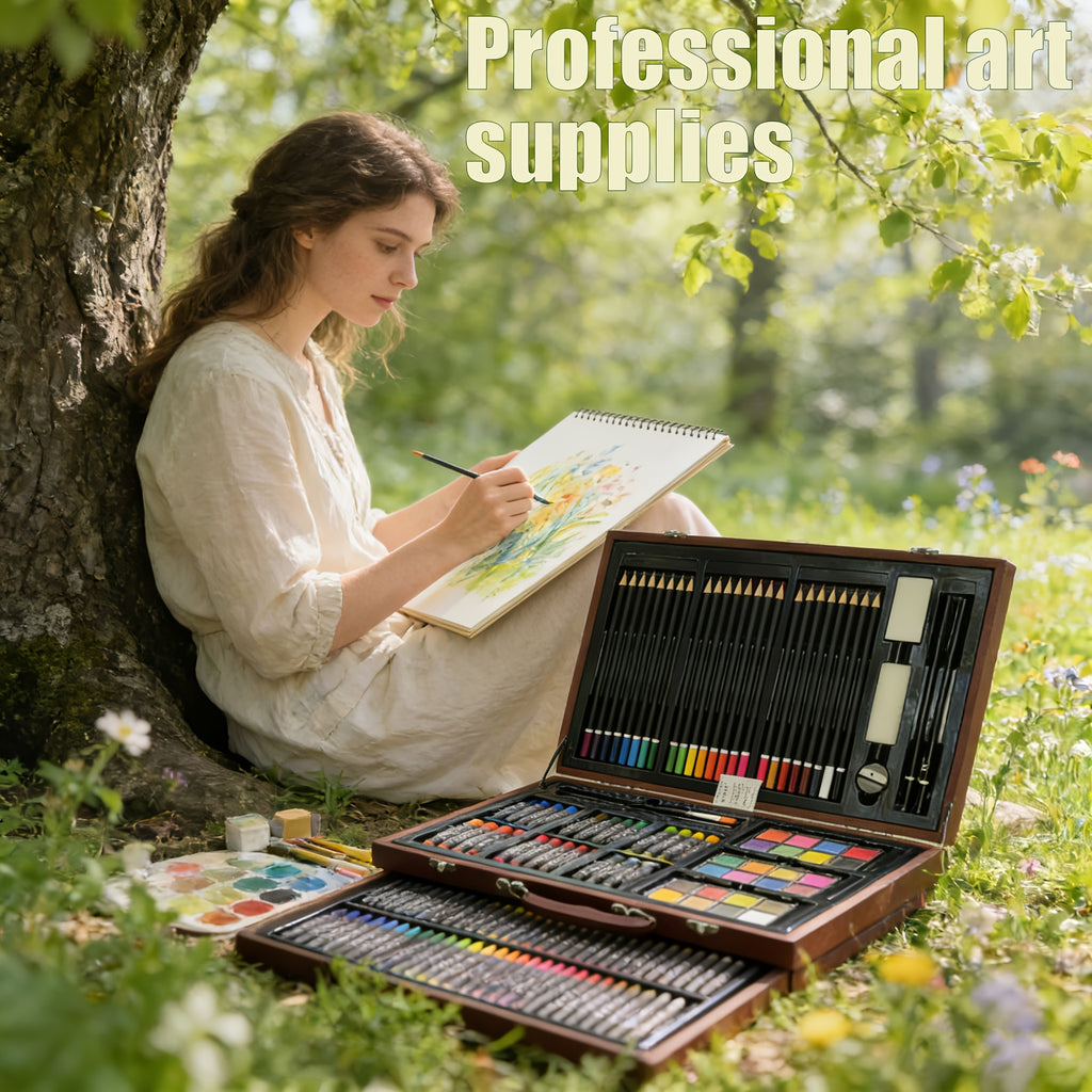 Set de Arte de Lujo (Incluye Dibujos y Lápices de Colores en una Caja de Almacenamiento de Madera), Set de Herramientas de Arte Profesional para Adultos, Suministros para Pintar para Artistas, Ideal para Bocetos al Aire Libre, Perfecto como Regalo para Fe