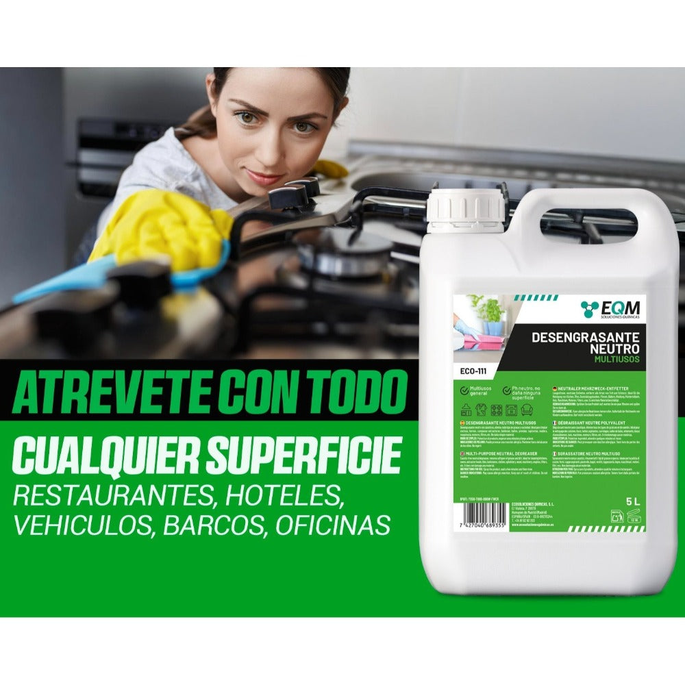 EQM - ECO-111 - Desengrasante Neutro Todo en Uno - 5L - Potente, Seguro y Respetuoso con todas las superficies - Hogar, industria, vehículos, barcos, hoteles, etc.