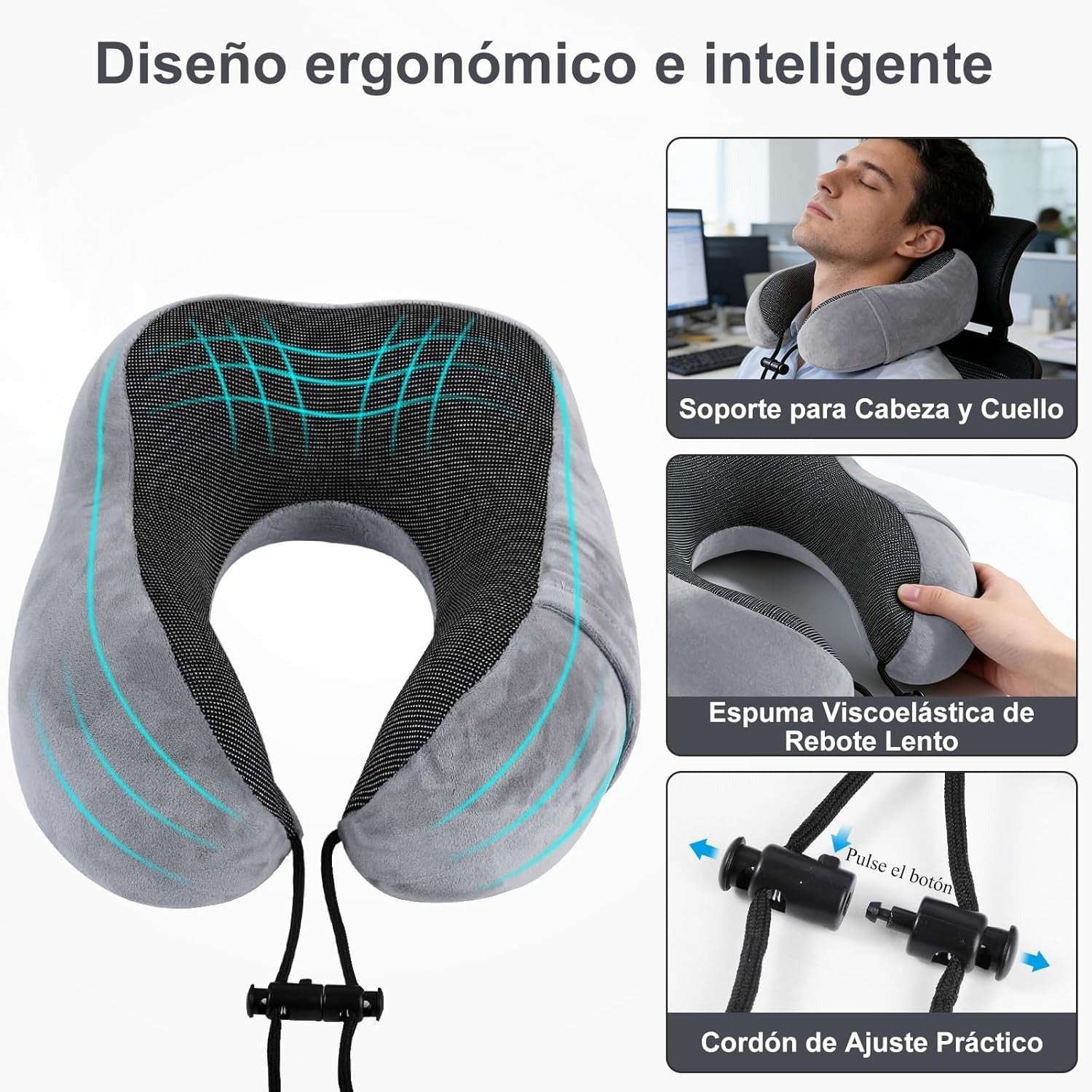 Una Almohada Cervical Ergonómica en Forma de U con Bolsa de Almacenamiento, Espuma de Memoria con Tecnología de Rebote Lento, Funda Lavable a Máquina, Ligera y Portátil para Avión, Oficina y Hogar, Apoya Cuello y Cabeza, Ideal para Siestas, Lectura y Ver