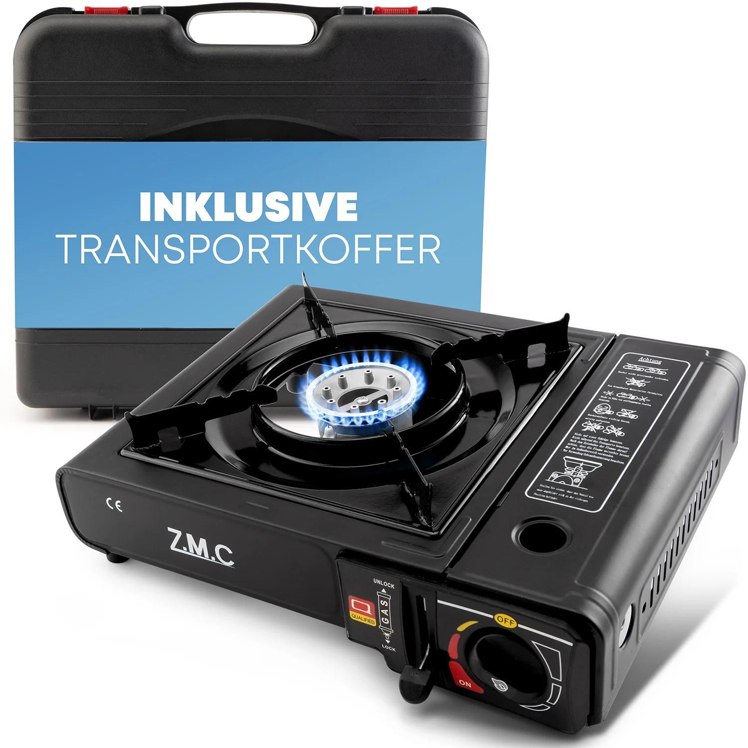 ZMC Estufa de Camping de 1 Quemador 2.2 kW con Encendido Piezoeléctrico, Adaptador para GLP y Estuche de Transporte – Estufa Portátil de Acero Inoxidable para Camping, Exteriores, Jardín, Balcón y Cocina de Emergencia en Interiores | Diseño Robusto, Contr