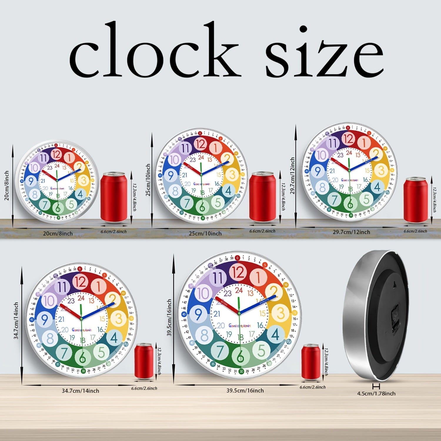 Reloj de pared de plástico con dibujos animados coloridos, con secciones de código de color para una fácil lectura, reloj silencioso de 20.32-30.48 cm (sin tic-tac), funciona con pilas, adecuado para aulas, dormitorios, salas de juegos, decoraciones de pa