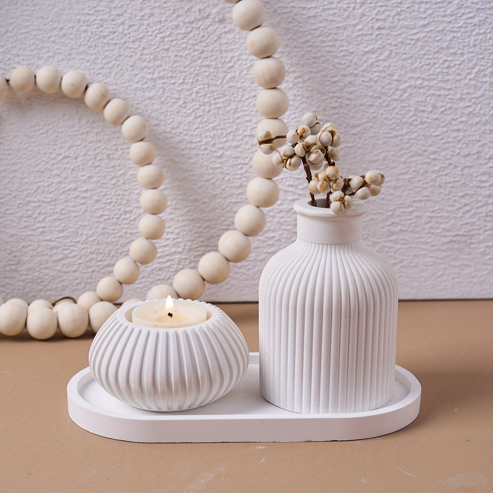 Juego de 3 moldes ovalados de silicona aptos para fundición de resina y manualidades con velas - Crea tu propio jarrón de flores a rayas y portavelas de bandeja. Estos moldes reutilizables para yeso y arcilla presentan un diseño acanalado inspirado en la