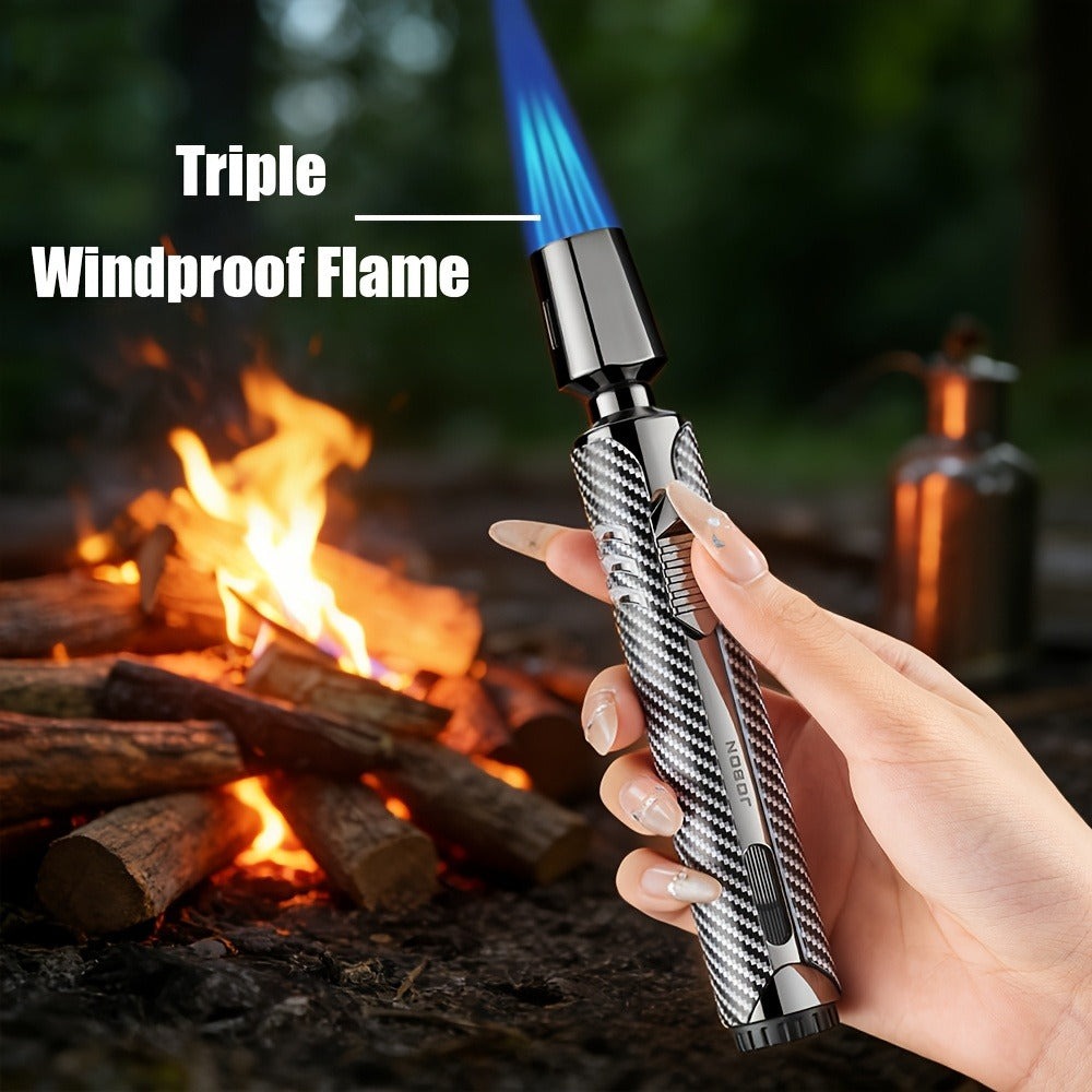 Paquete de 2 sin combustible incluido - Encendedor de chispa de combustible recargable a chorro de triple llama azul a prueba de viento de aleación de zinc, lujoso diseño de tubo largo a cuadros con depósito de combustible visible para velas, barbacoa de