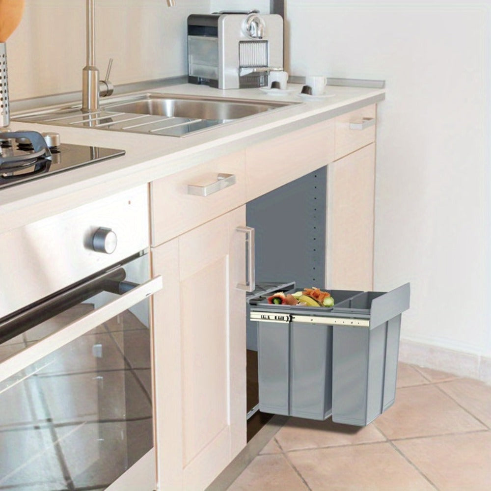 Cubo de Basura Empotrado Debajo del Gabinete, Contenedor de Residuos de Cocina, Recogedor de Basura Extensible, Sistema de Separación de Residuos con Rieles Telescópicos, Gris