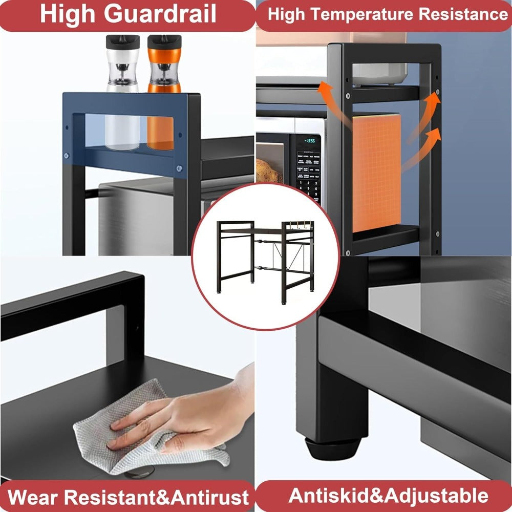 Estante de almacenamiento para microondas, estante de encimera expandible para microondas para guardar utensilios de cocina y vajilla, estante ajustable de 2 niveles que ahorra espacio con 6 ganchos, estante de encimera de acero al carbono para microondas
