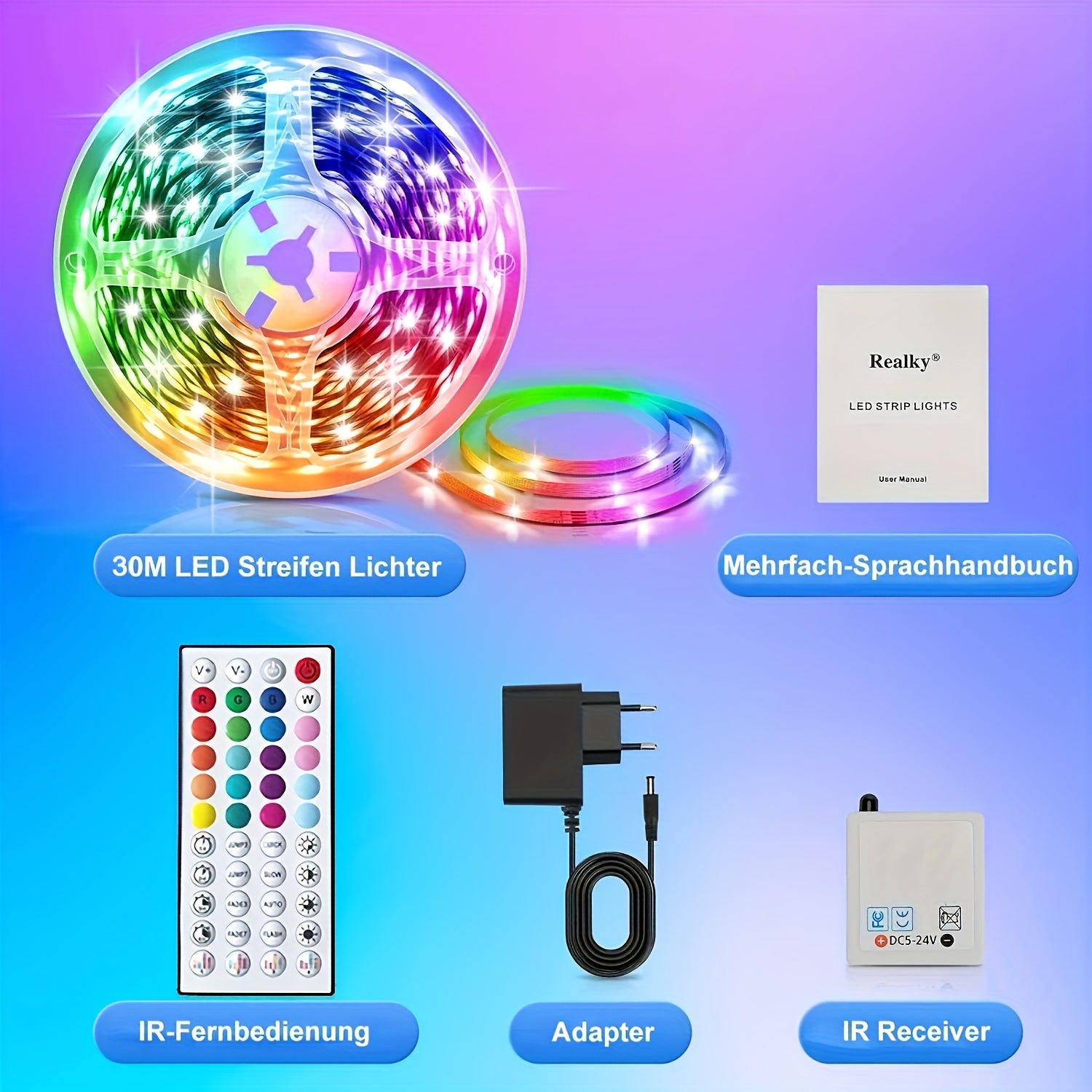 Tiras de luces LED de 10m-30m para dormitorio, luces inteligentes RGB que cambian de color con control remoto, color y brillo ajustables, modo parpadeante, perfectas para sala de juegos, fiestas, camping, decoraciones de árbol de Navidad en habitación