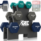 RE:SPORT® Juego de Mancuernas 3 Pares, 1Kg - 5Kg, 12Kg o 18Kg con Soporte y 3 Bandas Elásticas Fitness | Mancuernas Cortas Antideslizantes de Neopreno para Mujeres y Hombres | Juego de Mancuernas