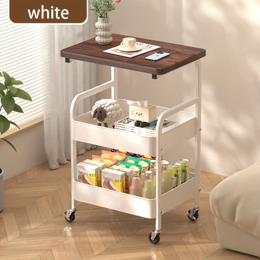 Un estante de almacenamiento con ruedas, estante superior de madera maciza, carrito de cocina, hecho de acero al carbono, resistente y duradero, para almacenar estantes de cocina, con un diseño vertical en capas, adecuado para el almacenamiento en dormito