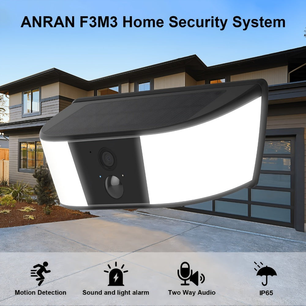 Cámara de Seguridad Solar ANRAN y Luz de Pared, Inalámbrica 2.4G para Exteriores, Protección del Hogar con Detección de Movimiento AI, Luz Activada por Movimiento, Comunicación Bidireccional, IP65, Alarma Inteligente con Sirena