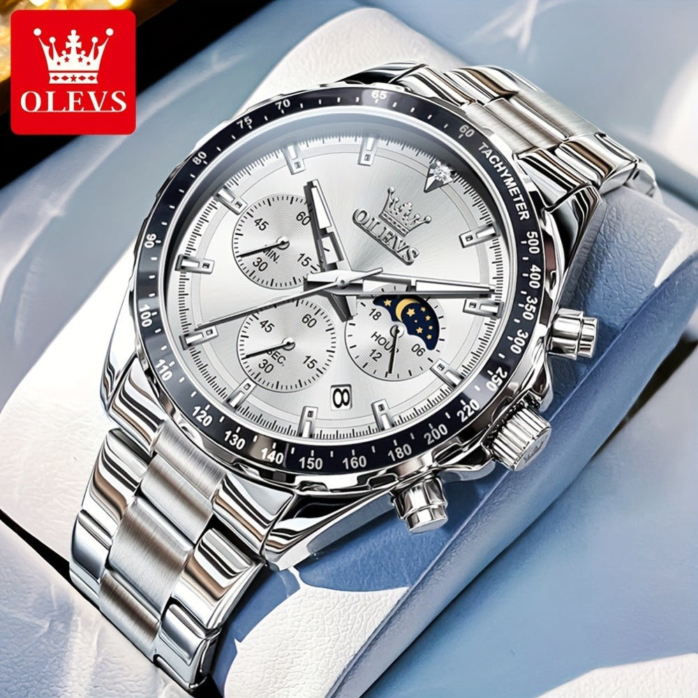 OLEVS Relojes para Hombre Fase Lunar Esfera Acero Inoxidable/Correa de Cuero Cronógrafo Lujo Negocios Vestir Analógico Cuarzo Relojes Masculinos Clásicos Casual Caballero Relojes de Pulsera Luminosos Esfera Negra/Blanca/Azul/Verde