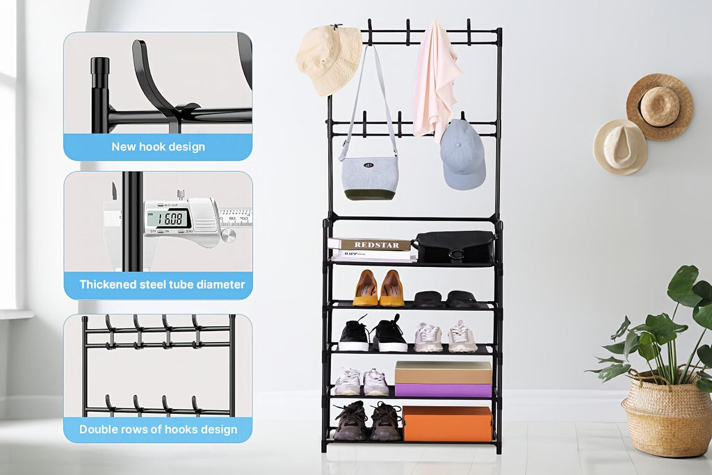 Organizador de Zapatos - Perchero Ahorrador de Espacio, Estante de 5 Niveles con 8 Ganchos, Estructura Robusta de Metal Dorado/Plástico, Diseño Independiente o Montado en Pared para Hogar, Oficina y Tienda - Ideal para Almacenar Zapatos, Abrigos, Sombrero