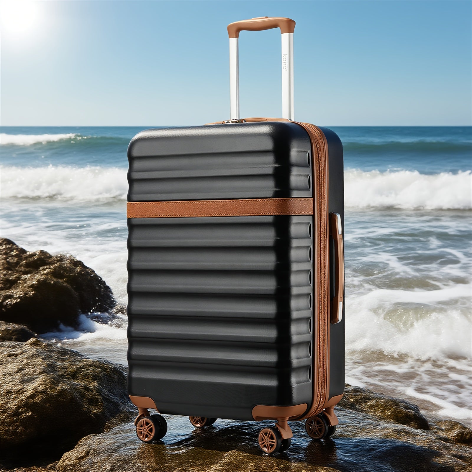 Maleta KONO Disponible en Tamaños de 20 Pulgadas, 24 Pulgadas y 28 Pulgadas, Fabricada con una Mezcla de ABS y Policarbonato. Este Trolley de Carro Rígido Está Equipado con Cuatro Ruedas y un Cerradura TSA, lo que lo Hace Ideal para Uso en la Cabina y Via
