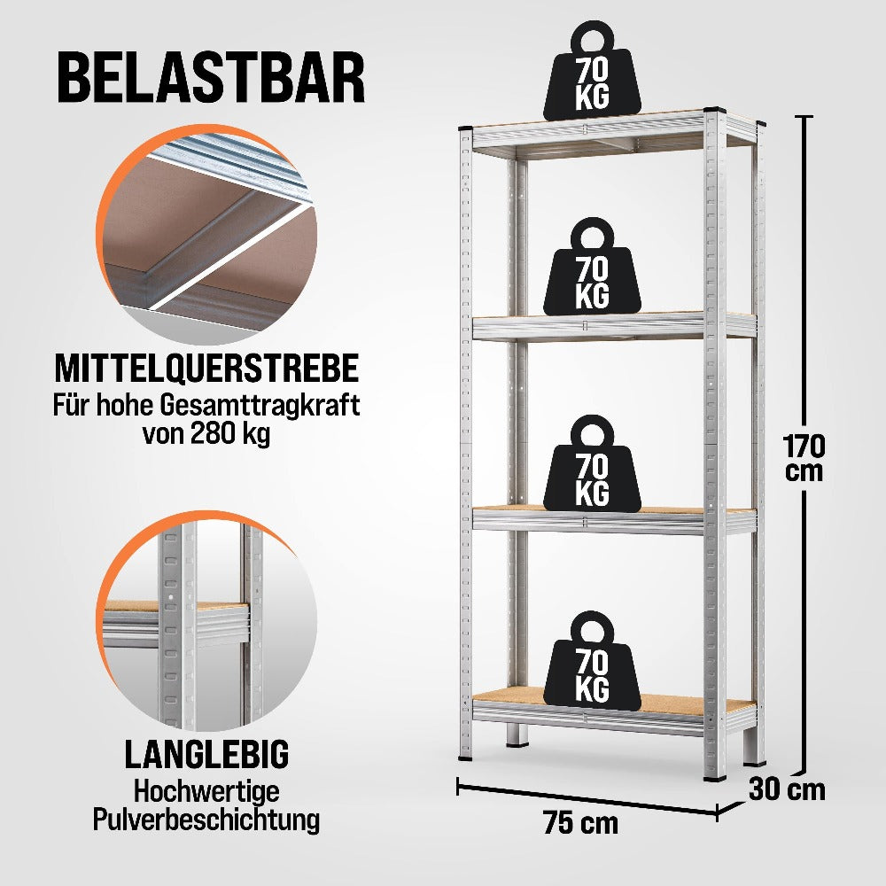 MONZANA® Estantería Robusta 2x 170x75x30cm 560kg 4 Estantes de MDF Almacenamiento Rack Sótano Tablero Perforado Taller