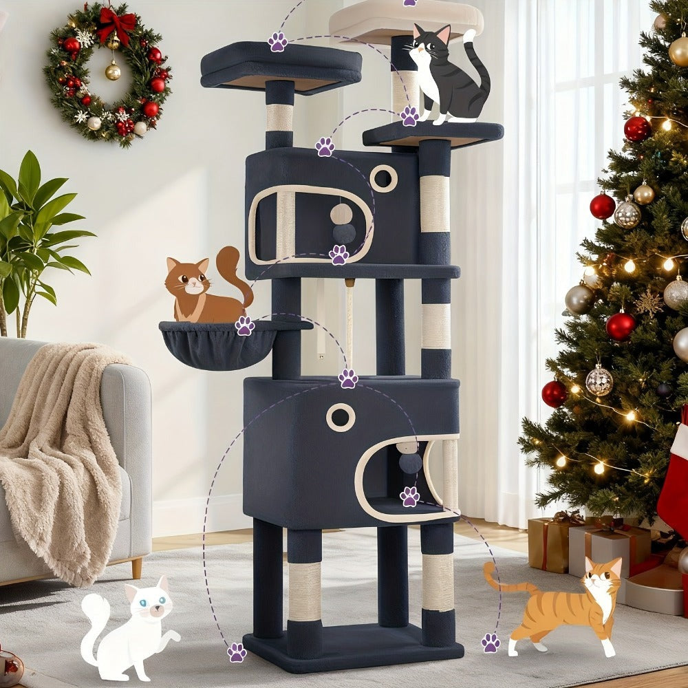 Árbol para Gatos, 180 cm con 8 Postes para Rascar, 3 Plataformas, 2 Cuevas, Cesta, Pelotas de Peluche, Cuerda de Sisal, Adecuado para Gatos de Varios Tamaños, Beige/Gris Claro/Gris Oscuro