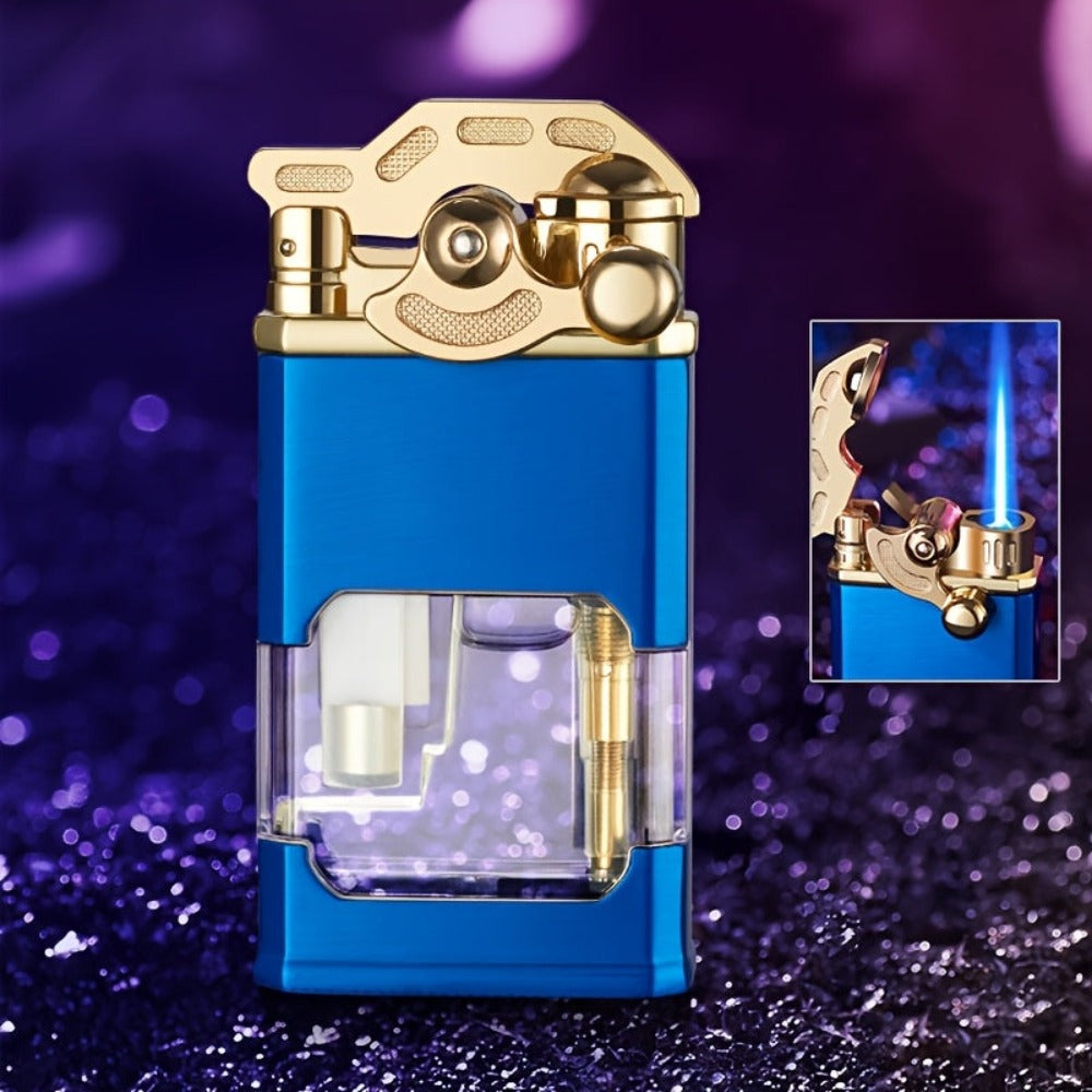 Encendedor de Gas Metálico Inflable a Prueba de Viento con Tanque de Aceite Transparente y Llama Azul (Este Producto No Contiene Gas Butano)