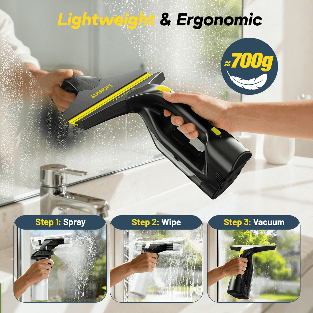 Aspiradora de Ventanas Inalámbrica LIGIANT – Autonomía de 60 Minutos, Boquilla de 280 mm, Diseño Ligero de 700 g, Incluye Botella de Spray y Paños de Microfibra, Carga Tipo-C, para Ventanas, Espejos, Azulejos y Duchas