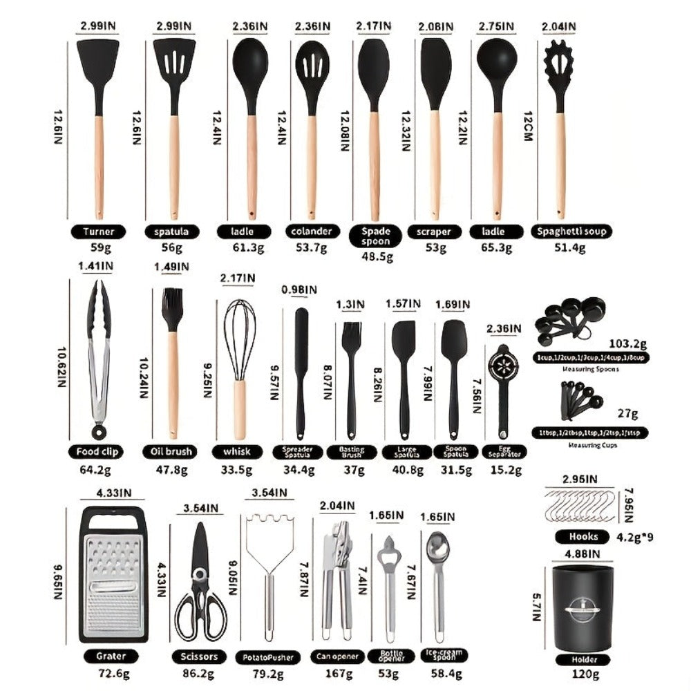Un juego de utensilios de cocina de silicona, material de calidad alimentaria, mango de madera negro, herramientas de cocción y horneado antiadherentes y resistentes al calor, con estante de almacenamiento, adecuado para utensilios de cocina antiadherente