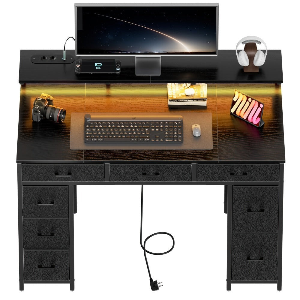Hlfurninova Escritorio para Computadora con 8 Cajones de Almacenamiento de Tela, Escritorio para Oficina en Casa con Soporte para Monitor, Escritorio Gaming con Luces LED y Toma de Corriente, Escritorio para Estudio en el Dormitorio, 119.38 cm, 4 Colores
