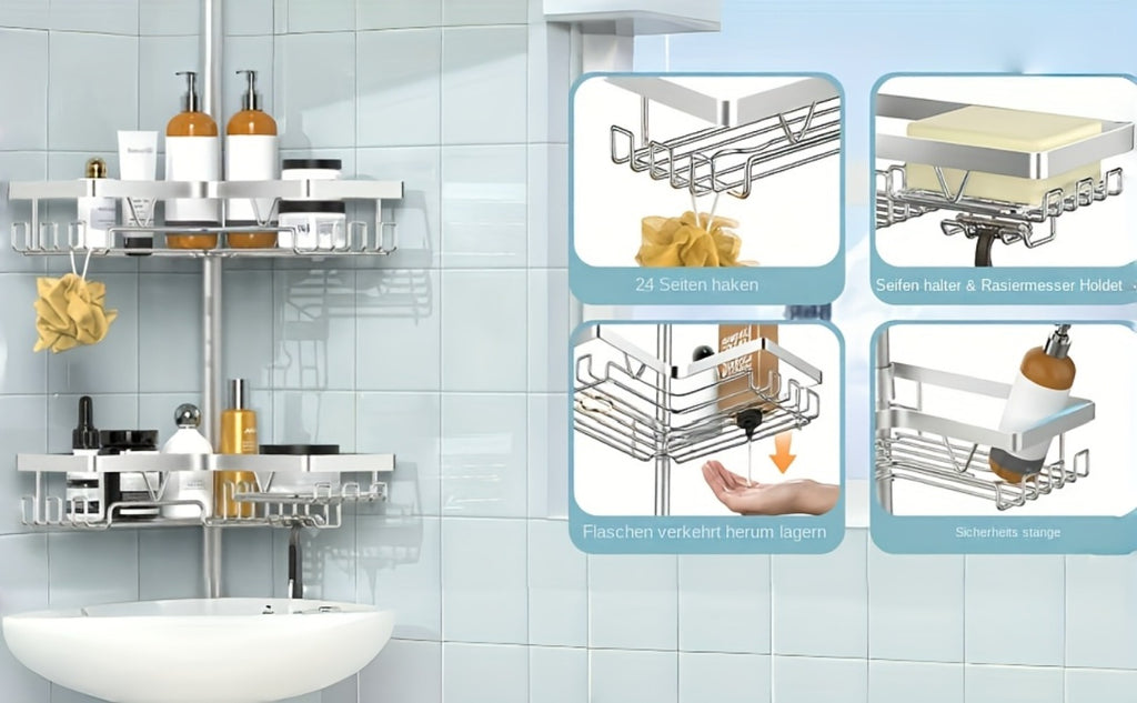 Estante de esquina ajustable de acero inoxidable para baño, 4 niveles, resistente al óxido, con soporte de tensión para ducha, con ganchos y jabonera, ideal para bañera/ducha (63.5-290 cm), organizador de almacenamiento de baño de alta gama sin taladro