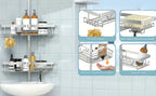 Estante de esquina ajustable de acero inoxidable para baño, 4 niveles, resistente al óxido, con soporte de tensión para ducha, con ganchos y jabonera, ideal para bañera/ducha (63.5-290 cm), organizador de almacenamiento de baño de alta gama sin taladro