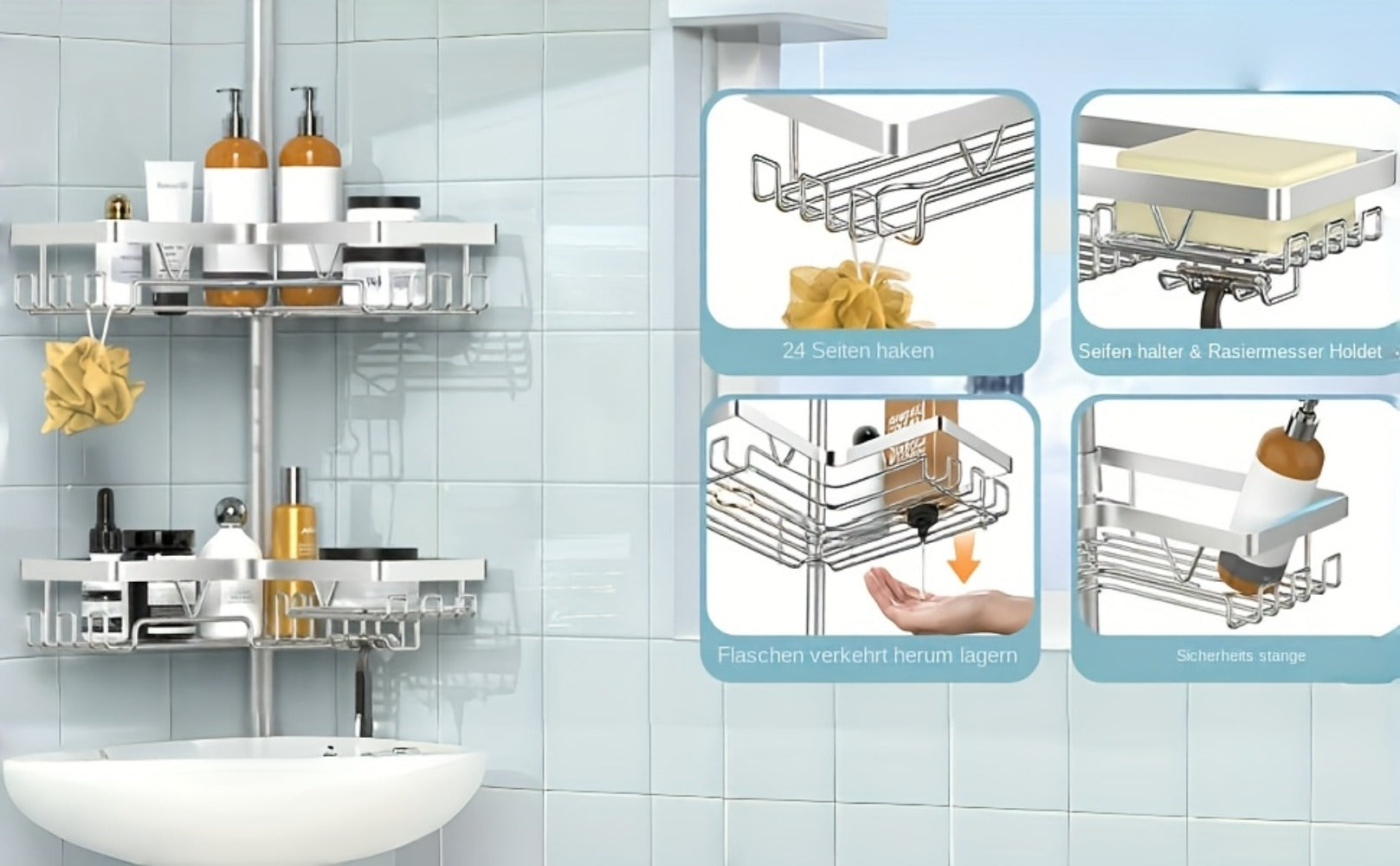 Estante de esquina ajustable de acero inoxidable para baño, 4 niveles, resistente al óxido, con soporte de tensión para ducha, con ganchos y jabonera, ideal para bañera/ducha (63.5-290 cm), organizador de almacenamiento de baño de alta gama sin taladro