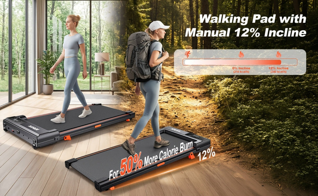 Alfombra de caminar con inclinación del 12%, quema 50% más de calorías, alfombra de caminar para escritorio, máquina de caminar portátil silenciosa de 30Db con carga de 100KG para fitness en casa, sin batería