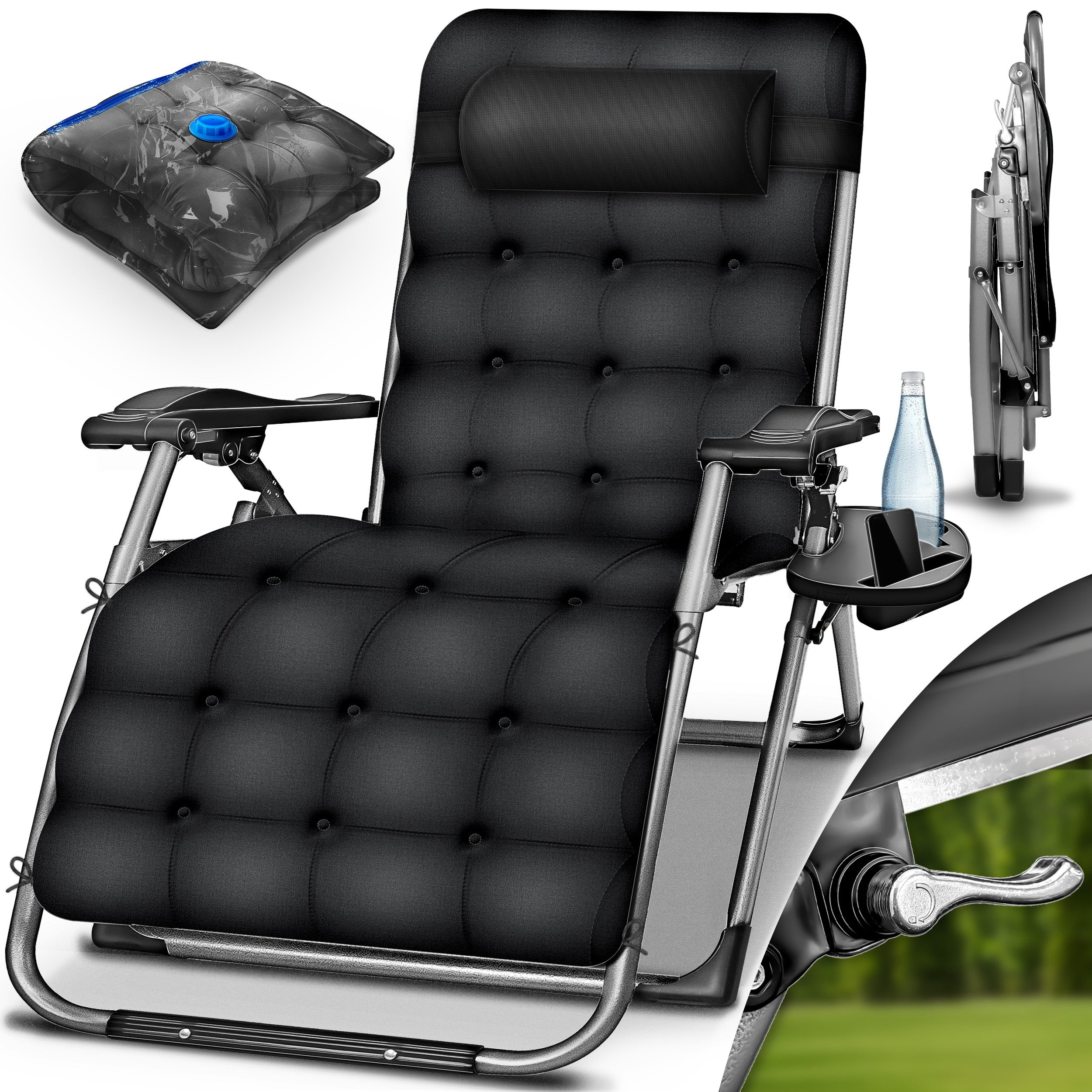 Tillvex® Tumbona Reclinable Plegable hasta 200Kg, Sillón de Sol para Jardín Exterior, Resistente a la Intemperie para Balcón, Jardín y Terraza, Ajustable con Acolchado Grueso, Reclinable, Extra Ancha, con Soporte para Bebidas