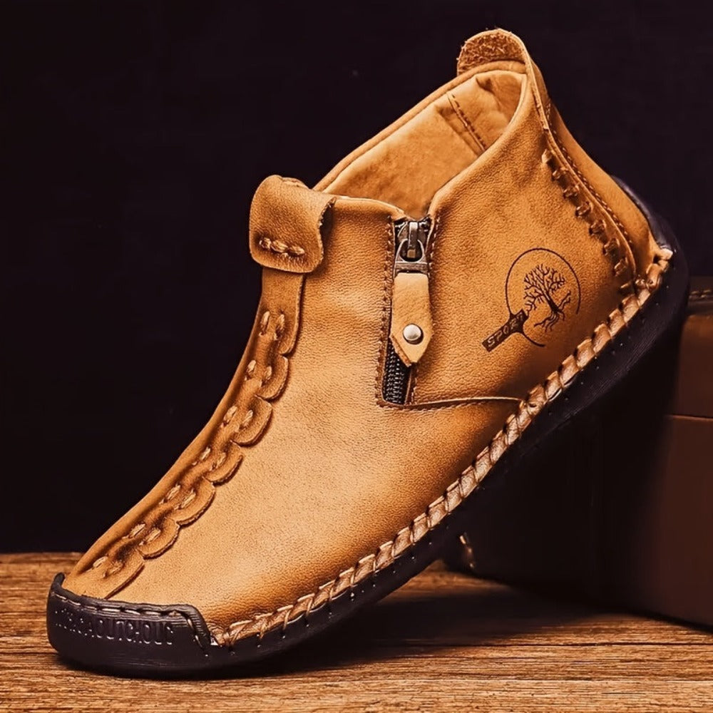 Botas de hombre con cremallera de costura, estilo vintage, suela de goma, zapatos de exterior tipo mocasín