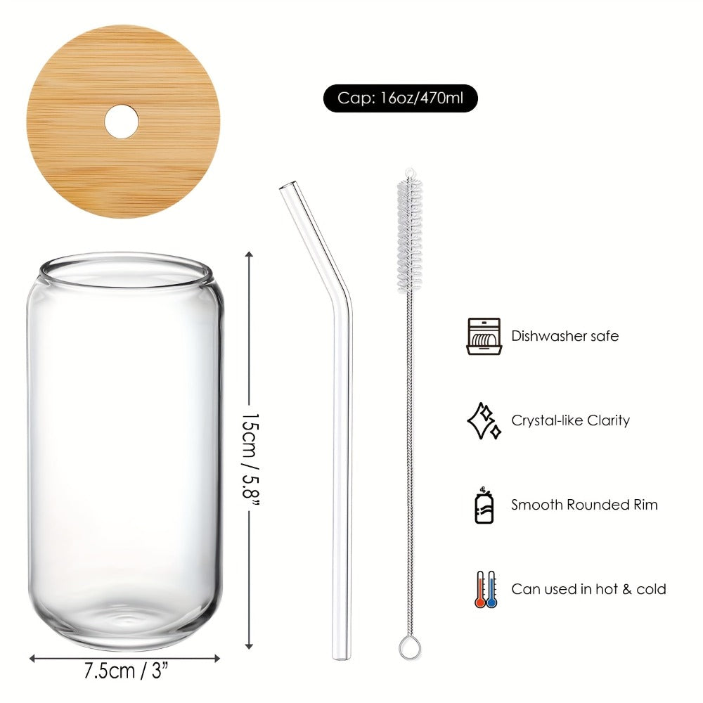 Juego de 6/9/12 vasos de cristal transparente de almacén local, con tapa de bambú, pajita y cepillo para pajita, borosilicato de alto contenido, resistentes al calor y al frío, aptos para lavavajillas, adecuados para cerveza, cócteles, bebidas frías, refr