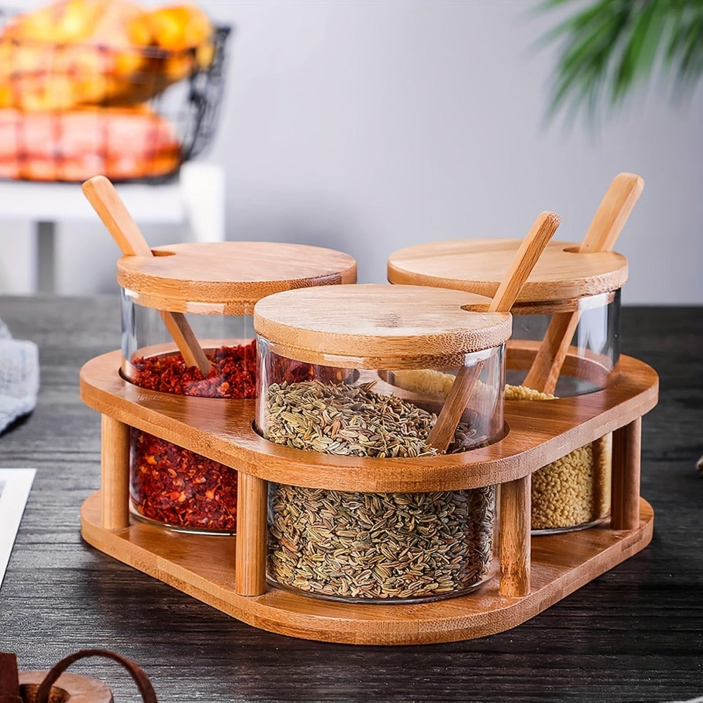 Almacén local, juego de tres tarros para condimentos con soportes triangulares. Tarros de cristal transparente para condimentos con cuchara de bambú y tapa de bambú. 280 ml × 3, aptos para sal, azúcar, especias, pimienta, tarros de condimentos de cocina