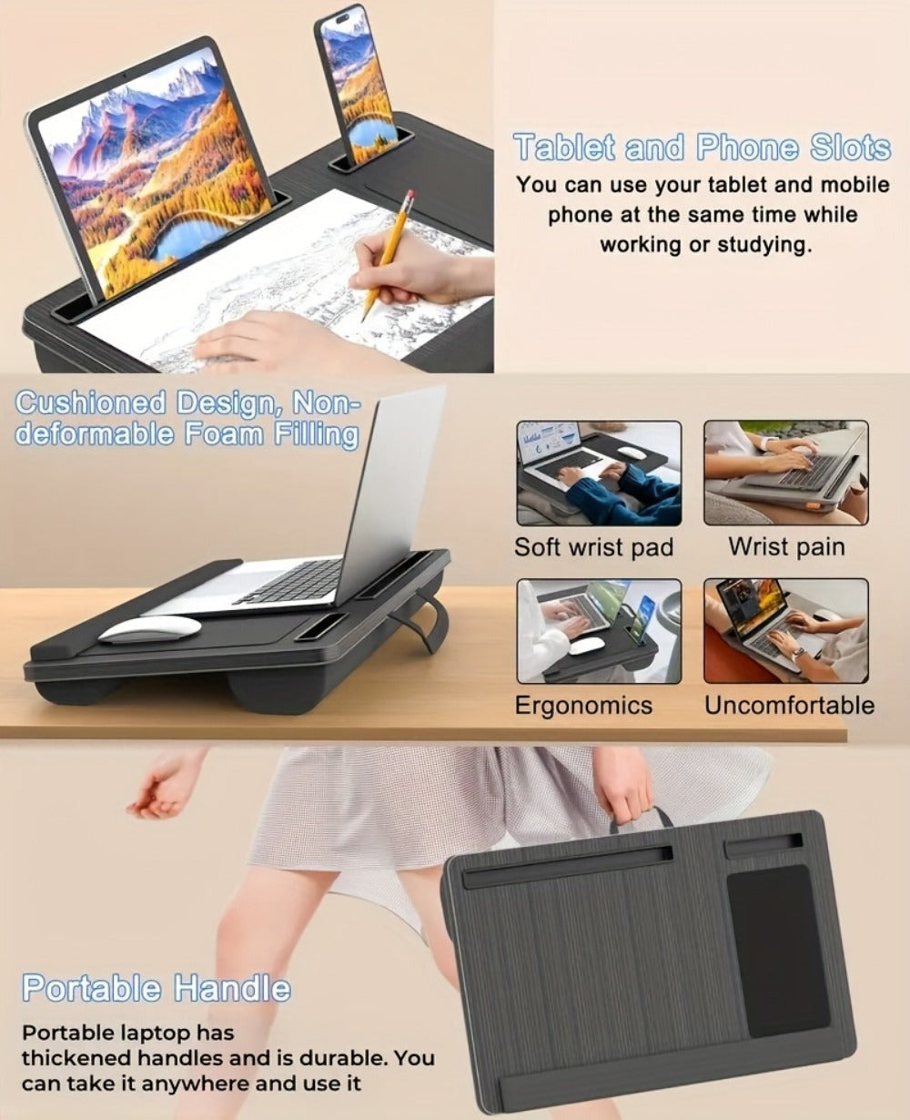 Escritorio de oficina multiusos con reposabrazos, alfombrilla para ratón, ranuras para tablet y teléfono, asa portátil, escritorio acolchado para laptop, estructura de madera duradera, adecuado para usar en la cama, almacenamiento en el hogar y la oficina