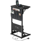 Mesa Auxiliar Plegable con Enchufe y Puertos USB Incorporados, Mesa de Noche Ajustable con Organizador de Almacenamiento para Sofá, Cama, Oficina en Casa