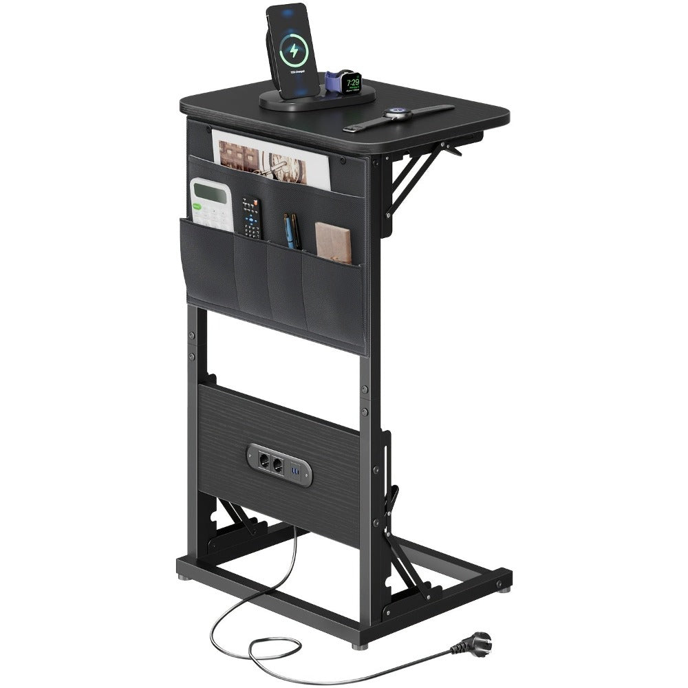 Mesa Auxiliar Plegable con Enchufe y Puertos USB Incorporados, Mesa de Noche Ajustable con Organizador de Almacenamiento para Sofá, Cama, Oficina en Casa