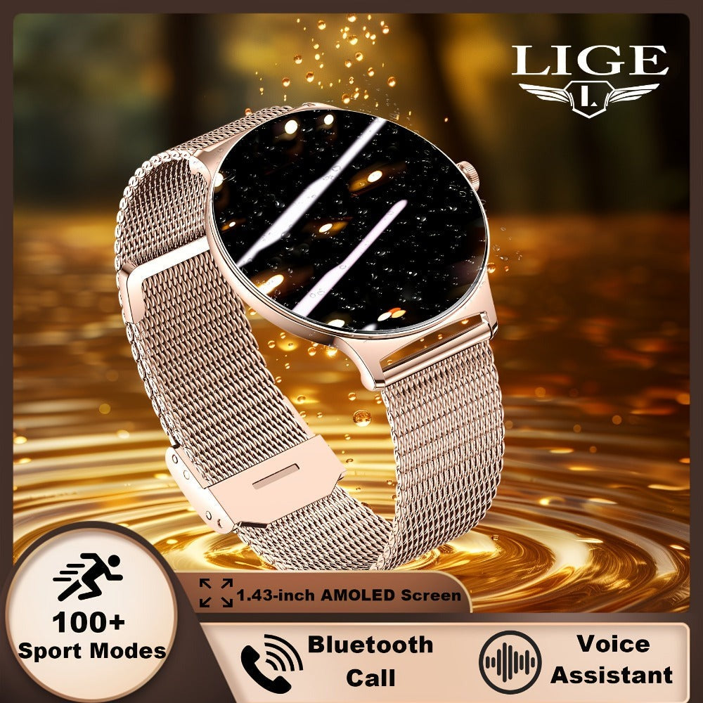 LIGE Smartwatches Diseñados para Mujer con Pantalla Táctil AMOLED de 1.43 Pulgadas, Capaces de Hacer y Recibir Llamadas, un Smartwatch Fitness con Más de 100 Modos Deportivos, un Podómetro, Notificaciones de Mensajes de Texto, Control de Música y Cámara